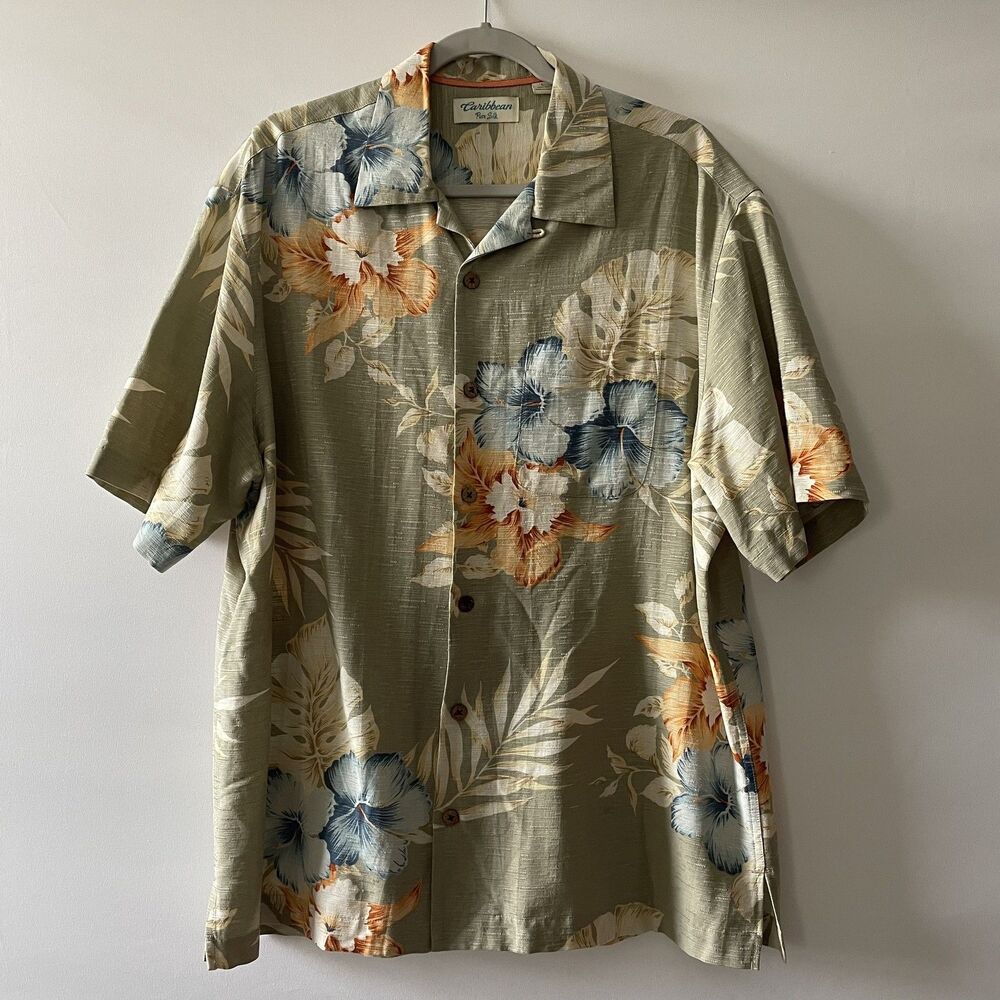 Caribbean Pure Silk Camp Shirt Short Sleeve Floral Olive Green Men Size L